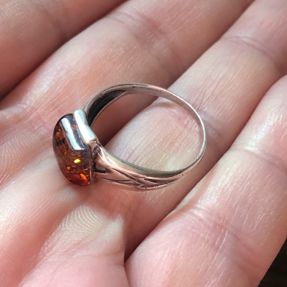 Vintage stamped silver ring amber square cabochon glows sz 7.25 boho - Picture 6 of 13